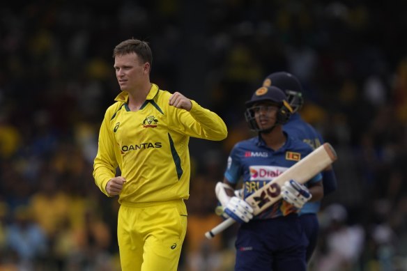Matthew Kuhnemann celebrates a wicket against Sri Lanka in a one-day international in June.