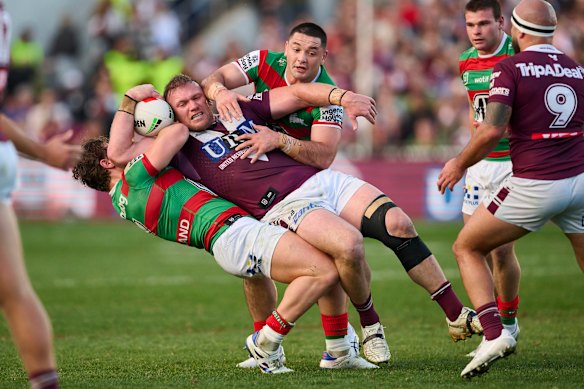 Matthew Lodge on the charge for Manly last season.