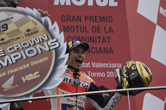 Marc Marquez celebrates race victory and the 2019 world championship in Spain. 