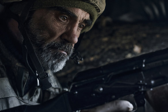 A Ukrainian soldier of the 28th brigade on the frontline during a battle with Russian troops near Bakhmut, Donetsk region, Ukraine, last month.