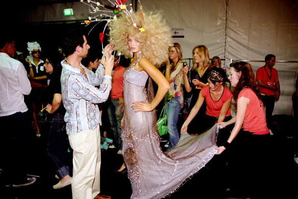 Backstage at the Leona Edmiston Spring/Summer 2005-06 Mercedes Fashion Week, Sydney.