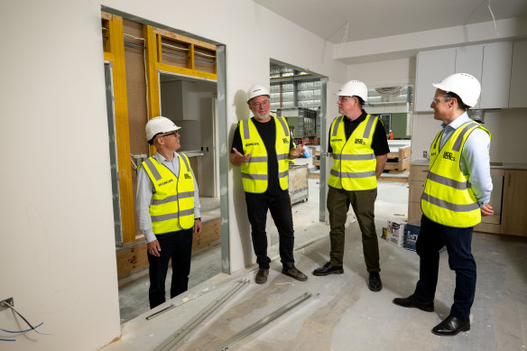 CBA’s Michael Baumann (left) tours Modscape with (second left to right) its chief executive Jan Gyrn, Prefab founding director Damien Crough and CBA’s Grant Cairns.