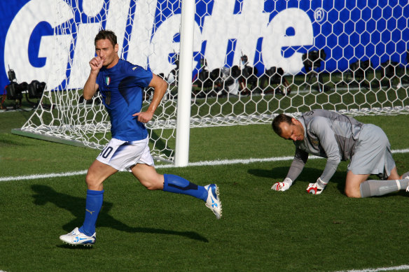 Italian legend Francesco Totti celebrates the penalty that put Australia out of the 2006 World Cup.