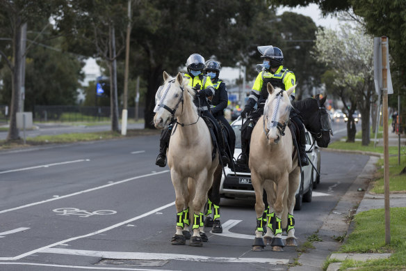 Police presence in Altona North on Monday evening. 