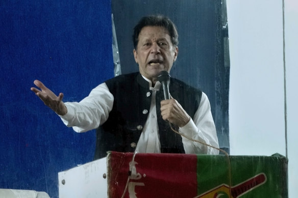 Former prime minister Imran Khan speaks during a rally in Lahore, Pakistan, in March. 