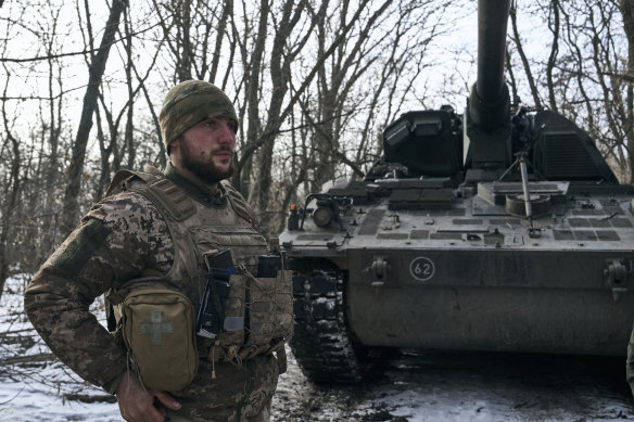 A Ukrainian soldier on the frontline close to Bakhmut in the Donetsk region.