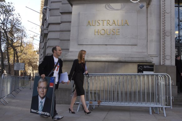 Australian Labor Party workers outside Australia House in London on election day, 2007.