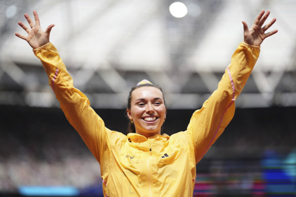 Mackenzie Little celebrates her javelin gold.