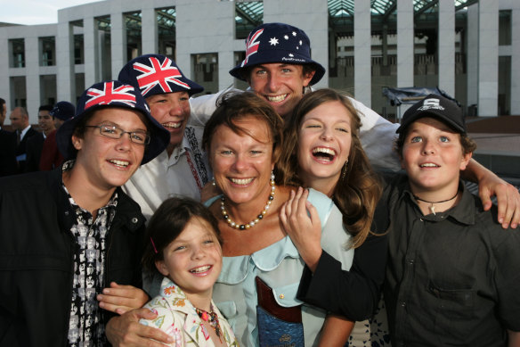 Wood and her six children in 2005, in Canberra for her Australian of the Year award.