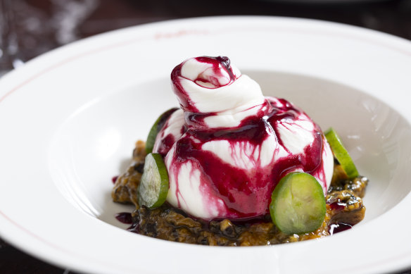 Burrata with peach compote, pickled walnut, cucumber and beetroot.
