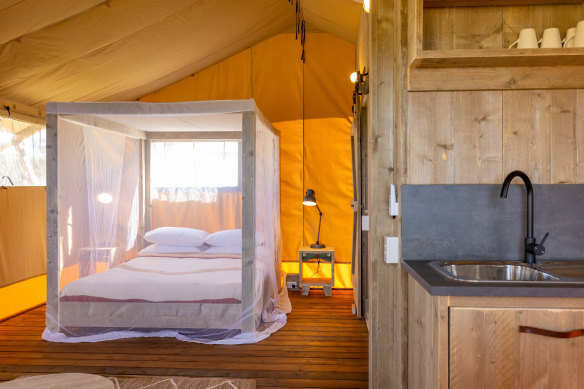 Al glamping tents have stunning views across to the water at Encounter Bay.