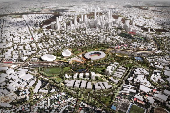 Archipelago’s original Brisbane Bold proposal for the stadium precinct at Victoria Park, which included an athletes’ village.