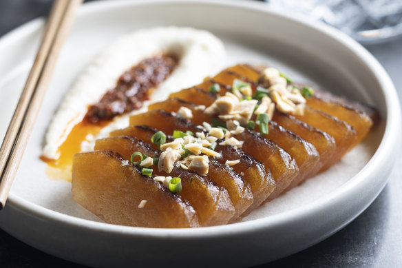 Go-to dish: Braised wintermelon with smoked almond cream and Sichuan chilli oil.