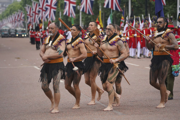 Maori performers during the Platinum Jubilee Pageant outside Buckingham Palace in London, on June 5, 2022.