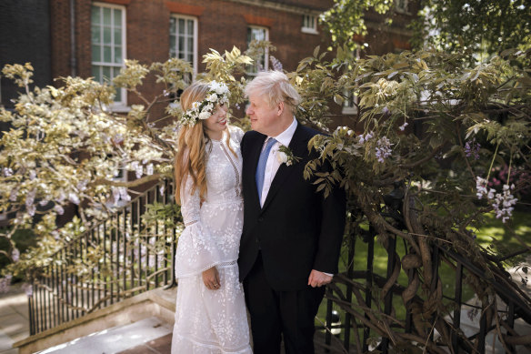Boris Johnson and Carrie Johnson in the garden of 10 Downing Street after their wedding in 2021.