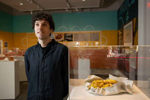 Artist Kenny Pittock at the Town Hall with his sculptures for The Dirty Dozen exhibition, celebrating Melbourne’s street food. 