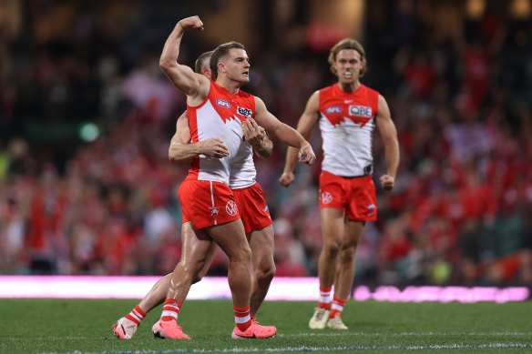 Tom Papley celebrates a goal during the Swans’ remarkable come-from-behind win over Geelong