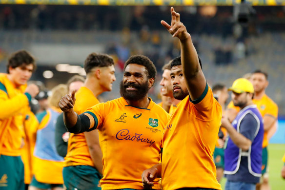 Marika Koroibete and Folau Fainga’a celerate after victory in Perth.