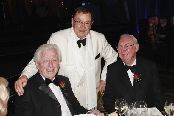 Harold Mitchell with Frank Lowy and Charles Goode at his 70th birthday party. 