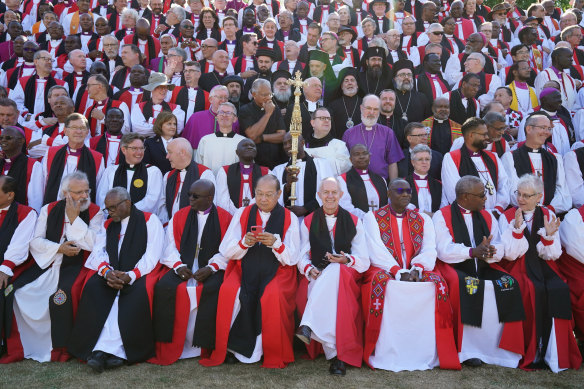 Archbishop of Canterbury Justin Welby, front row, centre right, with bishops from around the world last year. The decision to not allow same-sex marriage follows five years of debate within the Church of England.