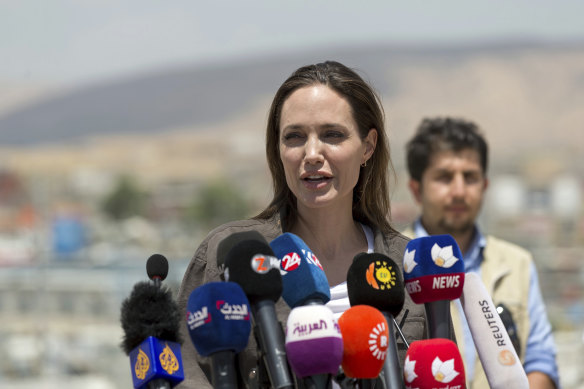 Special Envoy of the United Nations High Commissioner for Refugees (UNHCR), Angelina Jolie, gives a press conference in the Domiz camp for Syrian refugees in 2018.