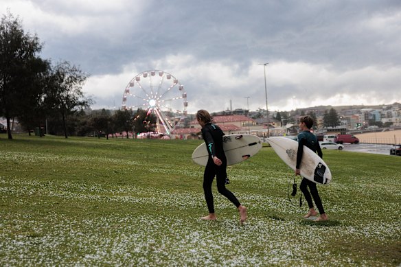 Hail hits Bondi during a severe storm.
