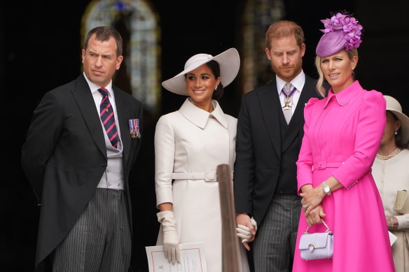 Peter Phillips, Meghan, Duchess of Sussex, Prince Harry and Zara Tindall during the Platinum Jubilee celebrations in June.