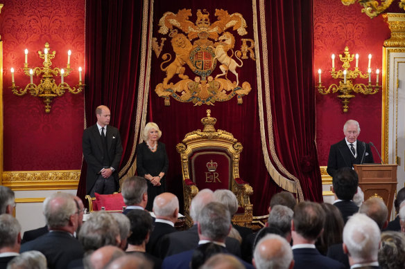 Prince William and Camilla, Queen Consort, look on as King Charles III speaks during his proclamation as King during the accession council .