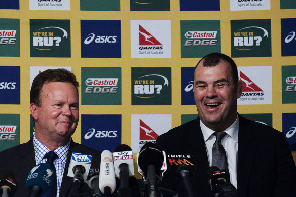 Michae;l Cheika with former Rugby Australia CEO Bill Pulver at the announcement of Cheika becoming Wallabies coach in 2014.
