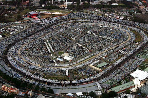 A crowd of 400,000 gathers at Royal Randwick racecourse in 2008 for the final World Youth Day Mass led by Pope Benedict XVI.