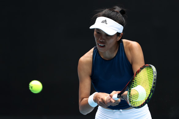 Hsieh Su-wei of Chinese Taipei is all concentration against Czech Marketa Vondrousova on Sunday.