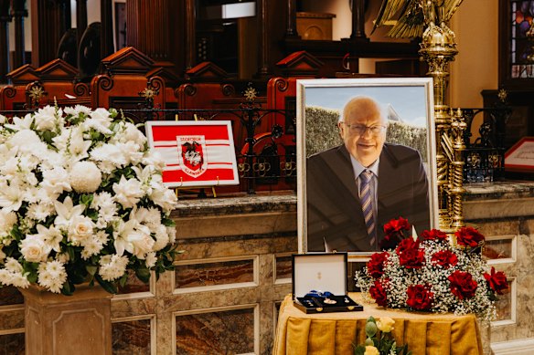 Inside St James’ Church ahead of the state funeral for Graham Richardson, with the Dragons flag as part of the service.