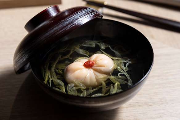 Prawn mousse in bonito and kombu broth with chrysanthemum.
