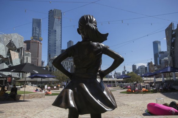 The Fearless Girl Statue in Federation Square used in a campaign highlighting workplace gender equality and equal pay.