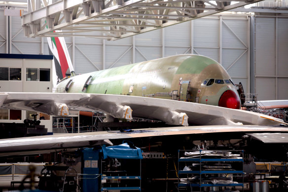 An A380 during its assembly at Airbus’ factory in Toulouse, France.