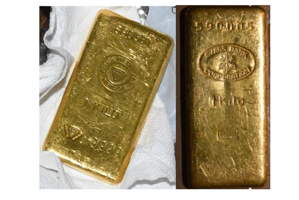 Two of the gold bars found during a search by federal agents of Senator Bob Menendez’s home.