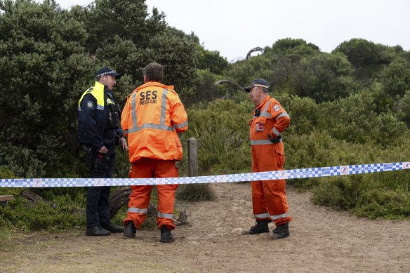 Emergency services workers blocked off the entry to Number 16 Beach at Rye on Monday morning.