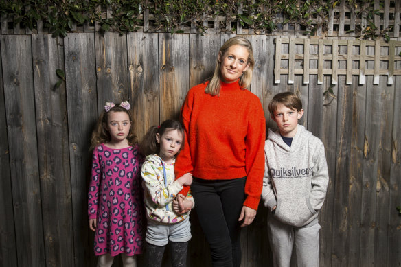 Lisa Corduff and her children Mimi, 8, April, 6, and Elliott, 9, are preparing for remote learning when term 3 resumes.