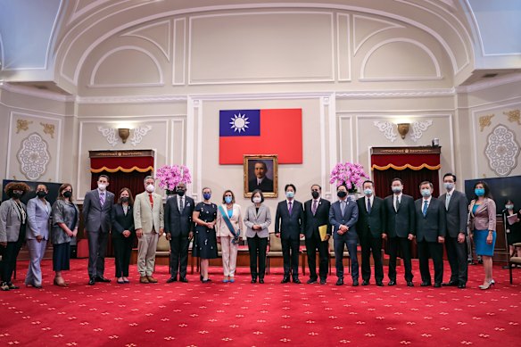 Speaker of the House Nancy Pelosi, centre left, meets Taiwan’s President Tsai Ing-wen, centre right, and other members of the legislature in the president’s office in Taipei, Taiwan.