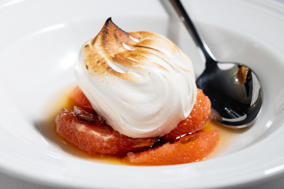 Glossy torched meringue with pink grapefruit and grapefruit caramel.