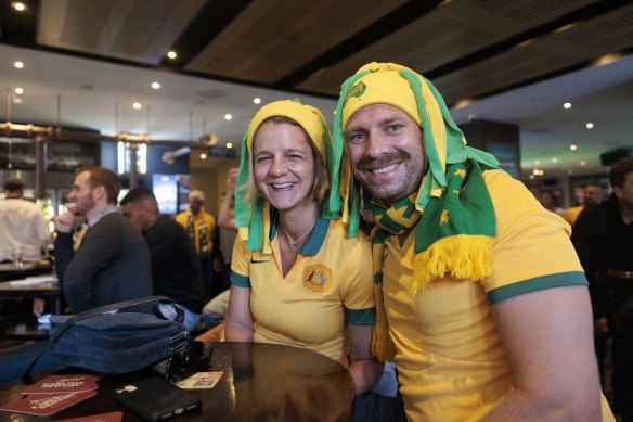 Kai and Marijke watch the start of the World Cup match between France and Australia at the Coogee Bay Hotel.