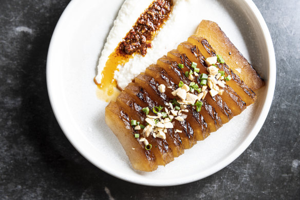 Go-to dish: Braised wintermelon with smoked almond cream and Sichuan chilli oil.