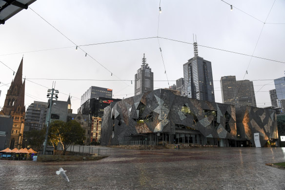 An empty Federation Square in central Melbourne.