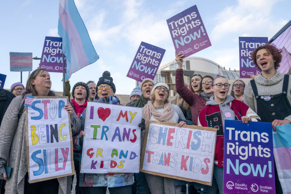 Supporters of the Gender Recognition Reform Bill take part in a protest outside the Scottish Parliament in December. 