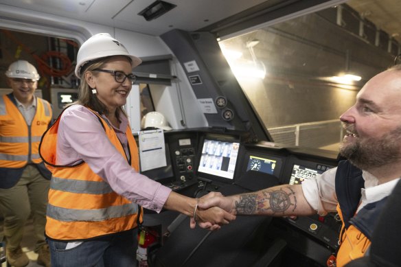 Jacinta Allan and the Minister for Public Transport Infrastructure Danny Pearson taking a train trip from Anzac Station to Parkville station 