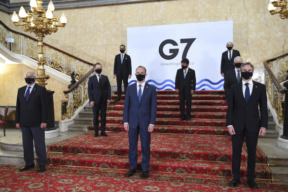 G7 foreign ministers meet, in socially distanced fashion, in London.