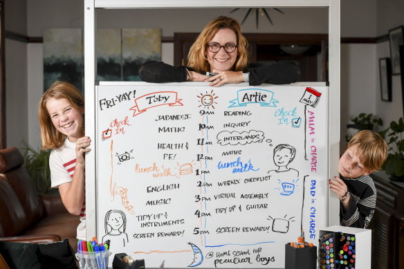Graphic recorder Debbie Wood with the whiteboard timetable she's set up with sons Toby, 13, and Artie, 9.
