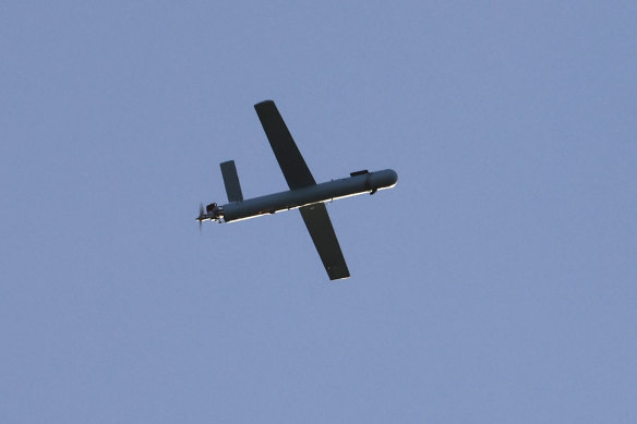 This photo taken from a position in northern Israel shows a Hezbollah drone over north Israel during the exchange.