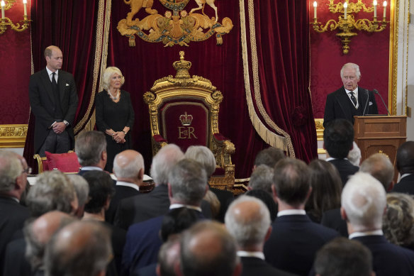 King Charles III before the privy council at his formal proclamation on Saturday.