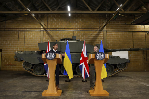 British Prime Minister Rishi Sunak and Ukrainian President Volodymyr Zelenskyy hold a news conference at a military facility in Lulworth, Dorset, England.